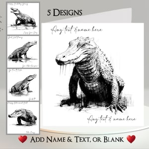 Alligatorkaart: tekst en naam toevoegen ~ bericht binnenin ~ alligator, kaaiman, kaaiman, reptiel, krokodil, tekening alligator, zwart-wit