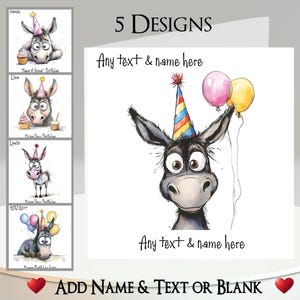 Carte d'anniversaire avec un âne : ajoutez votre nom + texte, message à l'intérieur, 5 motifs. Gâteau d'anniversaire, Bougies, Âne original, Cul, Chapeau de fête, Mignonne, Drôle