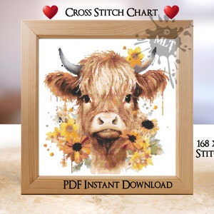 Highland Cow Counted Cross Stitch Chart: Instant PDF Download.  Coloured and Black & White Chart. Full DMC Floss List. Cute Cow With Flowers