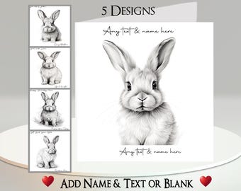 Carte lapin : ajoutez votre texte + votre nom, un message intérieur ou un espace vierge. 5 modèles. Lapin, Dessin noir et blanc, Lièvre, Fleurs, Herbe, Animaux de compagnie, Mignon