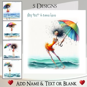 Beach Belle-kaart: tekst + naam, bericht binnenin, 5 ontwerpen. Regenboogparasol, strand, zee, oceaan, zand, eigenzinnige, grillige dame, tekening