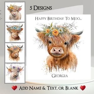Cartão de vaca das Terras Altas: adicione seu texto + nome ~ Mensagem interna ~ Vaca das Terras Altas com flores, bezerro, vaca escocesa, Escócia, floral, flores, bovino