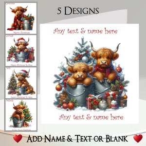 Kerstkaart: tekst en naam toevoegen, bericht binnenin, 5 ontwerpen, hooglandkoe, kalf, kerstverlichting, Schotse koe, Schotland, kerstmuts