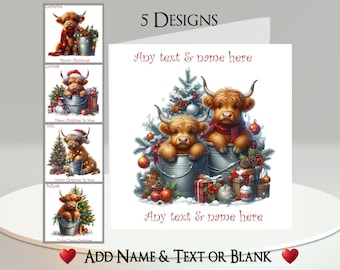 Christmas Highland Cow Card: Add Your Text + Name, Inside Message, 5 Designs. Calf, Fairy Lights, Bucket, Scottish Cow, Scotland, Santa Hat