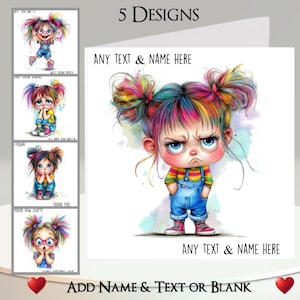Biglietto di auguri per una ragazza stravagante: aggiungi il tuo nome + testo, messaggio interno, 5 design, triste, arrabbiato, scontroso, scioccato, felice, festeggia, divertente, umorismo, disegno