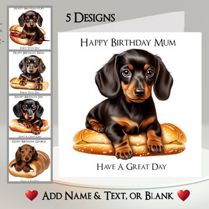 Hotdogkaart: tekst en naam toevoegen ~ 5 ontwerpen om uit te kiezen ~ bericht aan de binnenkant ~ worst, teckel, hond in een broodje, burger Dog