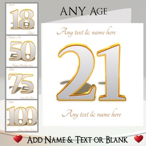 Biglietto di compleanno con numero: aggiungi il tuo nome + testo, messaggio all'interno. QUALSIASI età, oro, argento, ombra, compleanno importante, ricordo