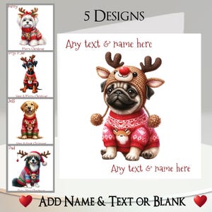 Weihnachtskarte: Fügen Sie Ihren Text + Namen hinzu, innen Nachricht, 5 Designs, Hund im Weihnachtspullover, Mops, Terrier, Dobermann, Labrador, Collie