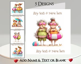 Beach Besties-kaart: voeg je tekst + naam, binnenbericht of blanco toe. 5 ontwerpen. Eigenzinnige vrouw, vrouwen, vrienden, zee, zwembad, grillig, grappig