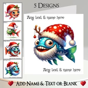 Carte de Noël : ajoutez votre texte et votre nom, message à l'intérieur, 5 motifs, poisson rouge, poisson, bonnet de Noel, barbe, houx, boule de Noël, bois, dents, sourire
