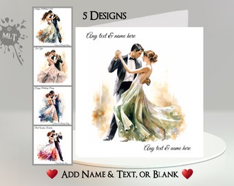 Puede incluir: Cinco diseños diferentes de una pintura de acuarela de una pareja bailando. La pareja está vestida con atuendo formal, la mujer con un vestido largo y el hombre con un esmoquin. El fondo es un suave lavado de acuarela en marrón y beige. El texto "Any text & name here" aparece dos veces en la imagen.