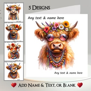 Carte Vache Highland : à personnaliser ~ Ajouter un message à l'intérieur ~ Hippie, hippie, fleurs, perles, collier, lunettes, lunettes de soleil, vache écossaise, Écosse