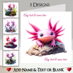 Tarjeta de Ajolote: Agrega tu texto + nombre, mensaje interior, 5 diseños. Pez caminante mexicano, salamandra, anfibio, acuático, mascota, adorable.