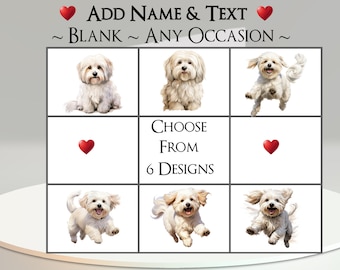 May include: Six different designs of a white dog with fluffy hair. The dog is shown in different poses, including sitting, standing, and running. The text "Choose from 6 designs" is displayed in the center of the image.