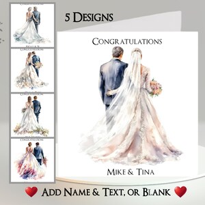 Tarjeta de boda: agregue nombre y fecha ~ Mensaje interior ~ Esposo, esposa, pareja, novia, novio, día de la boda, matrimonio, ceremonia de boda, vestido de novia