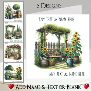 Cartão de jardim: adicione seu texto + nome, mensagem interna, 5 designs, jardineiro, galpão de vasos, flores, pagode, banco, regador, barril, hobby,