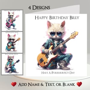 Carte Rockin' Cat : ajoutez votre texte et votre nom ~ message intérieur ~ chat, chaton, guitare, basse, rock and roll, tendance, chat musicien, groupe de rock, musique