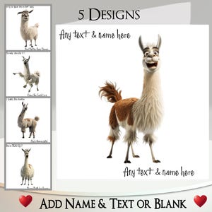 Grappige lamakaart: tekst + naam toevoegen, bericht binnenin, 5 ontwerpen om uit te kiezen ~ alpaca, lama zonder drama, lachende lama, grijns, humoristisch