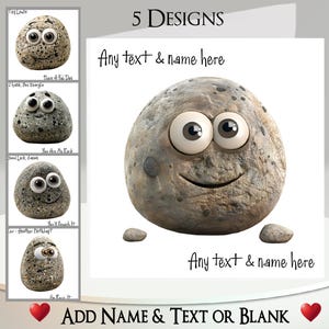 Carte rock : ajoutez votre texte et votre nom, message à l'intérieur, 5 motifs, rocher, pierre, rocher avec visage, smiley rock, yeux écarquillés, drôle, original, humoristique