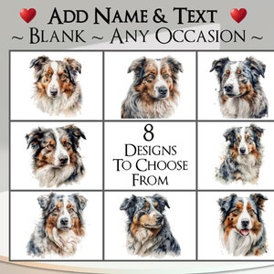 Tarjeta de pastor australiano: agregue su texto + nombre ~ Mensaje interior ~ Cualquier ocasión o en blanco ~ Canino, retrato de perro, mascota, perro, cachorro, TEA