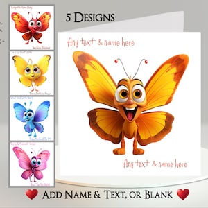 Tarjeta de mariposa: agregue su texto + nombre ~ Mensaje interior ~ Mariposa colorida, Mariposa divertida, Mariposa feliz, Alas, Insecto