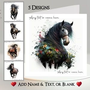 Cartão de cavalo: adicione seu texto + nome ~ 5 designs para escolher ~ Mensagem interna ~ Western, Wild West, Black Horse, Wild Horses, Horse Knight
