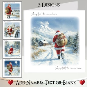 Biglietto di Natale: aggiungi il tuo testo + nome, messaggio interno, 5 design, Babbo Natale, Babbo Natale, San Nicola, Camminare, Viaggio, Villaggio, Neve, Yule