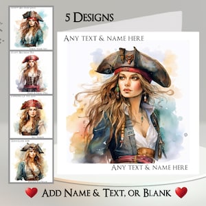 Tarjeta pirata: agrega tu texto + nombre ~ 5 diseños para elegir ~ Mensaje interior ~ Pirata, bucanera, corsaria, corsaria, loro, mar