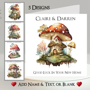 Carte nouvelle maison champignon vénéneux : ajoutez votre nom + texte ~ Ajoutez votre nom ~ Message à l'intérieur ~ Bonne chance, déménagement, nouvelle adresse, nouvelle maison, déménagement