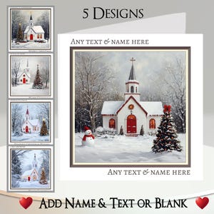 Cartão de Natal: Adicione seu texto + nome, mensagem interna, 5 designs, igreja, torre, árvore de Natal, boneco de neve, cena de neve, madeira, floresta, árvore