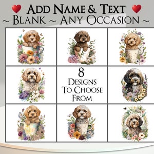 Cartão Cockapoo: Adicione seu texto + nome ~ Mensagem interna ~ Qualquer ocasião ou em branco ~ Canino, Retrato de cachorro, Animal de estimação, Filhote de cachorro, Cocker, Poodle, Cachorro, Flor