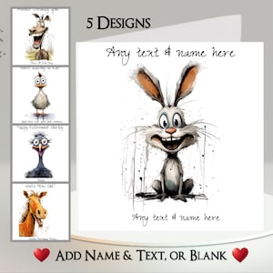 Carte L'animal qui rit : ajoutez votre texte et votre nom ~ Message intérieur ~ Mule, lapin, canard, pintade, cheval, humour, humour, croquis d'animal, ferme