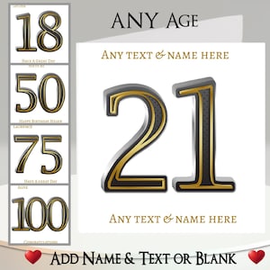 Biglietto di compleanno con numero: aggiungi il tuo nome + testo, messaggio interno. QUALSIASI età, oro, nero, compleanno importante, ricordo