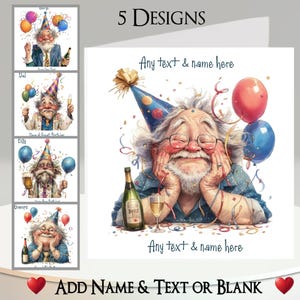 Tarjeta de cumpleaños para hombre: Agrega tu nombre + texto, mensaje interior, 5 diseños. Hombre peculiar, globo, cerveza, vino, bebida, sombrero de fiesta, divertido, humorístico