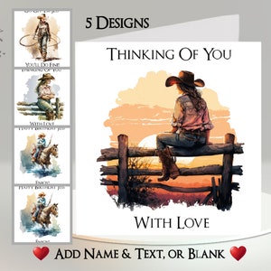 Cowgirl Card: Aggiungi il tuo testo + nome ~5 design tra cui scegliere~ Messaggio all'interno ~ Western, Far West, Cowboy, Cowgirl, Stivali, Cappello, Cavallo, Ranch