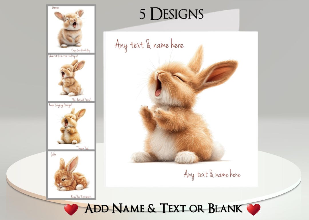 Rabbit Card: Add Your Text + Name, Inside Message, or Blank. 5 Designs ...