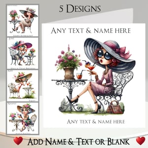 Carte cocktail femme : ajoutez votre texte + votre nom, un message à l'intérieur, 5 motifs. Femme décalée, Jardin, Amusant, Cocktail, Fleurs, Table, Mobile, Cellulaire