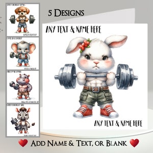 Tarjeta de levantador de pesas con forma de animal: agrega tu texto + nombre ~ Mensaje interior ~ Personalizada, Conejo, Perro, Elefante, Hipopótamo, Cebra, Pesas, Levantamiento de pesas
