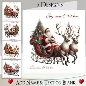 Weihnachtskarte: Fügen Sie Ihren Text + Namen hinzu, innen Nachricht, 5 Designs, Weihnachtsmann, Weihnachtsmann, St. Nikolaus, Schlitten, Rentier, Traditionell, Yule