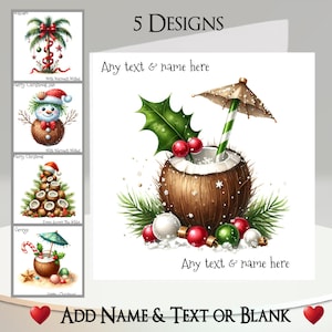 Cartão de Natal: Adicione seu texto + nome, mensagem interna, 5 designs, coco, palmeira, praia, mar, oceano, sol, boneco de neve, feriado, férias