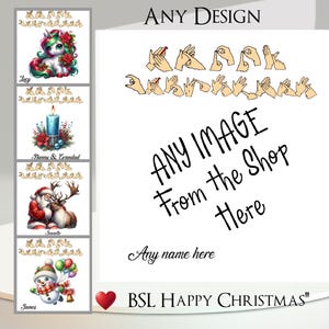 BSL-kerstkaart: tekst en naam toevoegen, bericht binnenin, kies ELK ontwerp uit de shop, 'Happy Christmas' in Britse gebarentaal, BSL