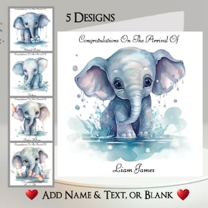 Blaue Elefant Karte zur Geburt: Fügen Sie Ihren Namen + Text ~ Innere Nachricht ~ Neugeborene, Baby, Sohn, Neffe, neue Eltern, neue Großeltern, neues Baby