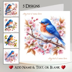 Vogelkaart: tekst + naam toevoegen ~ binnenbericht ~ Blauwe vogel, bloesem, boom, tak, vogel op tak, vogel in boom, bloemen, roze bloem