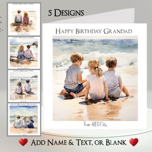 Biglietto d'auguri per bambini in spiaggia: aggiungi il tuo testo e nome ~ 5 design ~ Messaggio interno ~ Spiaggia, sabbia, mare, oceano, bambini in spiaggia, fratelli, bambini, famiglia