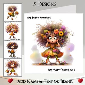 Cartão de florista: adicione seu nome + texto, mensagem interna, 5 designs, menina peculiar, buquê, menina caprichosa com flores, engraçado, humor