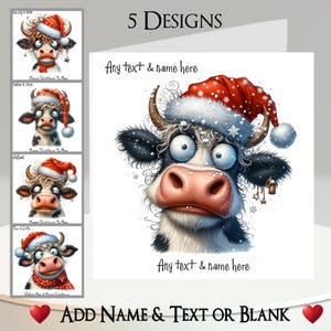 Kerstkaart: tekst en naam toevoegen, bericht binnenin, 5 ontwerpen, grappige koe, vee, kerstmuts, ster, sneeuwvlokken, eigenzinnige koe, rund, leuk