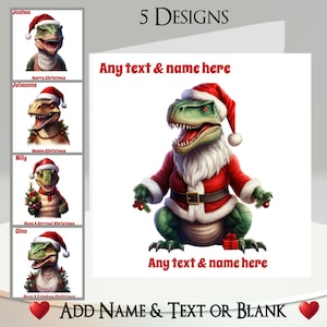 Kerstkaart: tekst en naam toevoegen, bericht binnenin, 5 ontwerpen, dinosaurus, T-Rex, prehistorisch, kerstmuts, dinosaurus, cadeau, cadeau, kerstmanpak