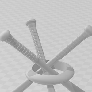 May include: Three grey baseball bats are crossed and tied together with a grey ring.