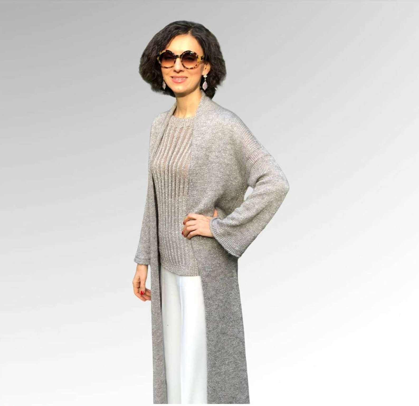 GrÐ°y long knitted cardigan top and cardigan set stylish | Etsy