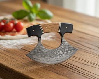 Handmade Damascus Steel Ulu Knife - Hand Forged Rocking Herb Chopper - Unique Kitchen Gift - Professional Grade 58 HRC - Artisan Mezzaluna